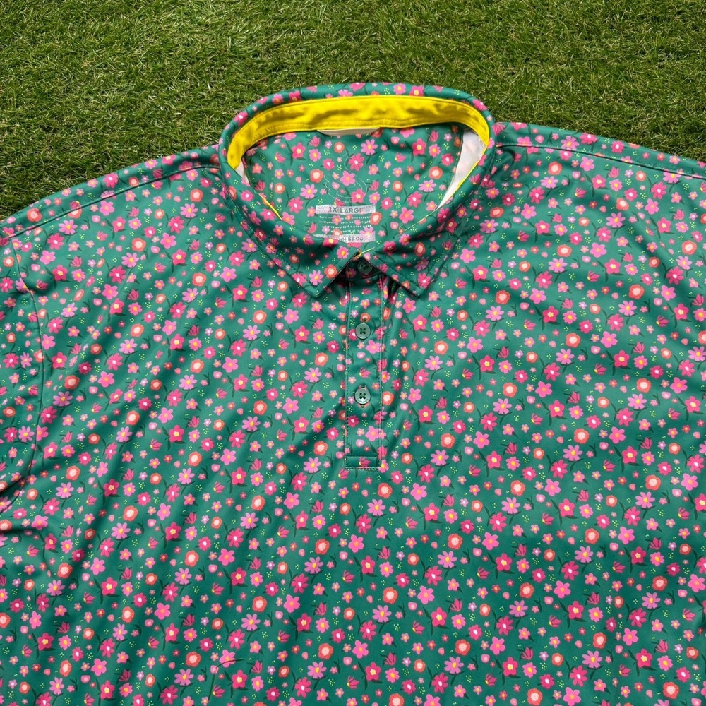 Swannies Golf Polo Shirt Mens 2XL Green Floral Flowers Geometric AOP Performance